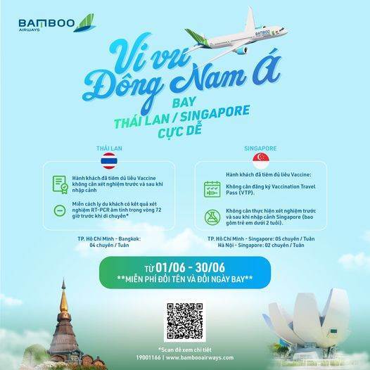 Bamboo Airways miễn phí đổi tên và ngày giờ bay tới Thái Lan, Singapore