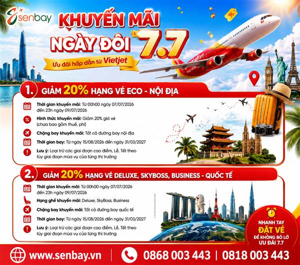 Vé máy bay Vietjet Air khuyến mãi giảm 20% toàn mạng bay tại Senbay